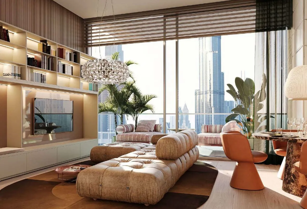 Render of a living room with a low sofa, a shelved TV wall and floor-to-ceiling windows