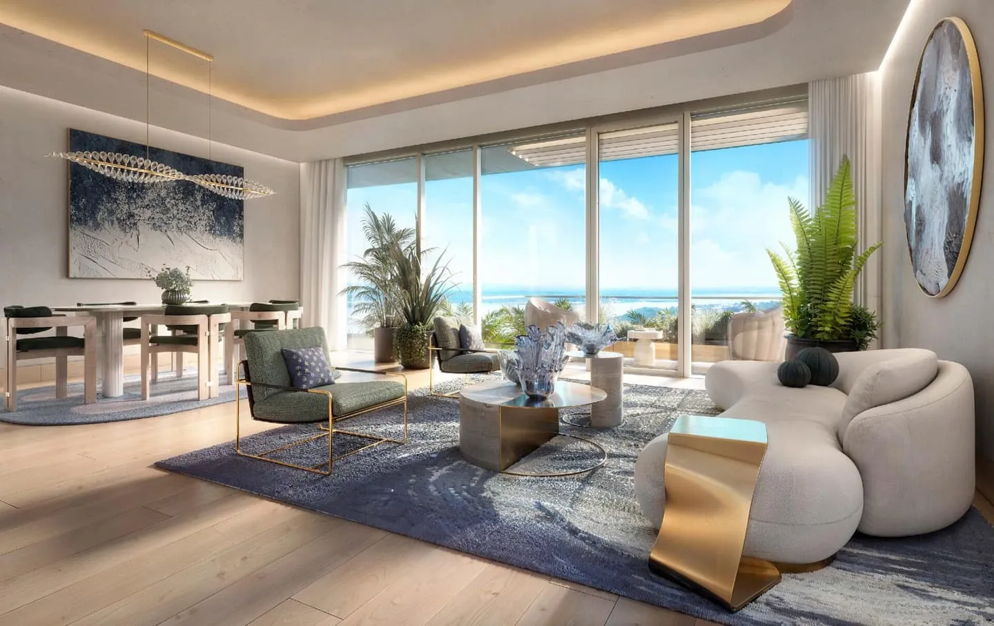 A living and dining room opening onto full-height glass, a curved sofa and a view over planting to the water