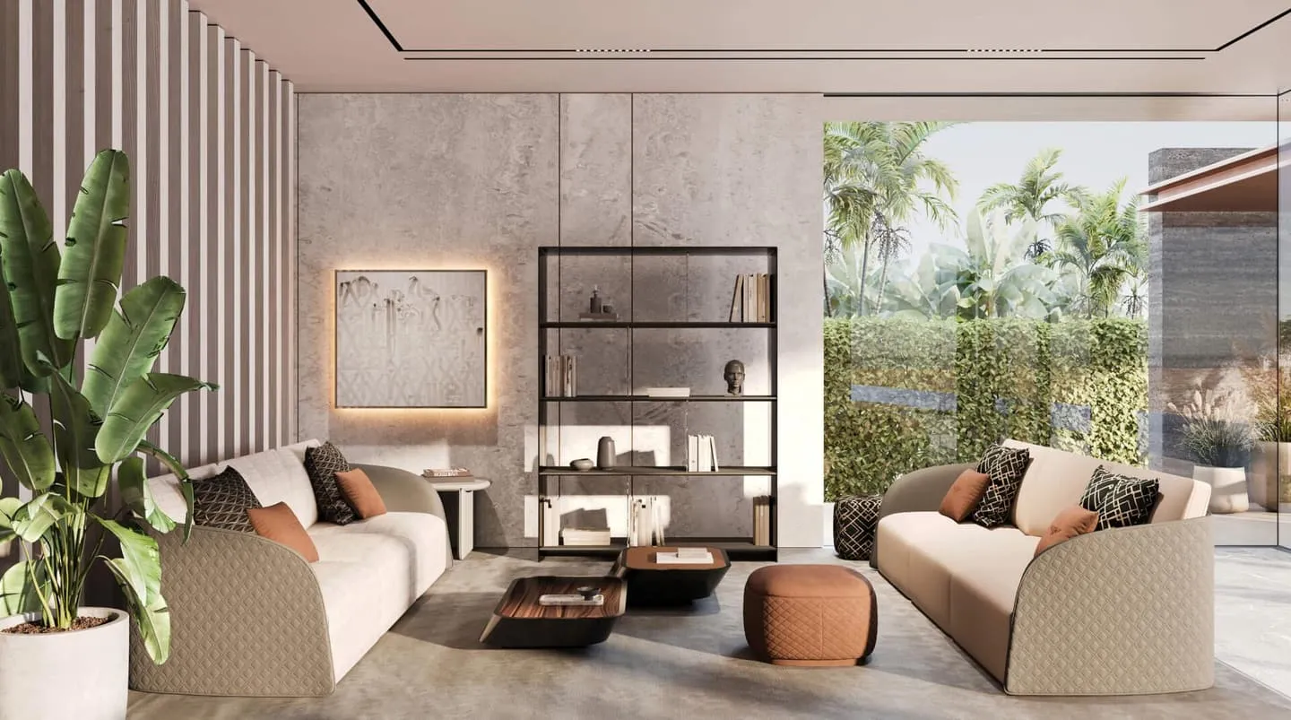 A Bentley Home living room against a fluted wall, shelving beside the window