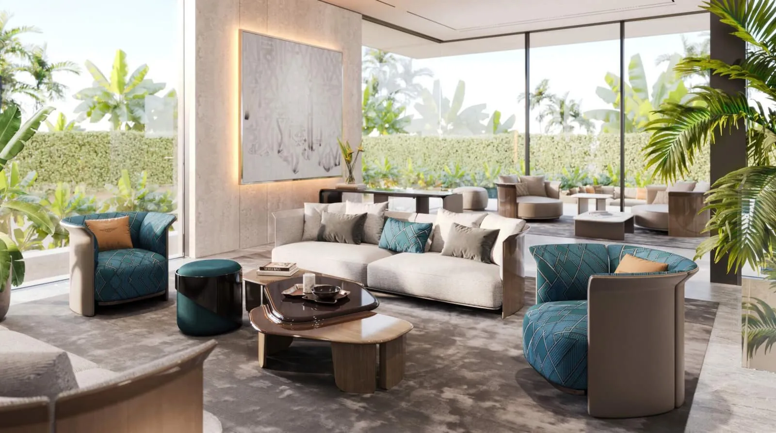 A Bentley Home living room with teal armchairs facing a glass wall onto the garden