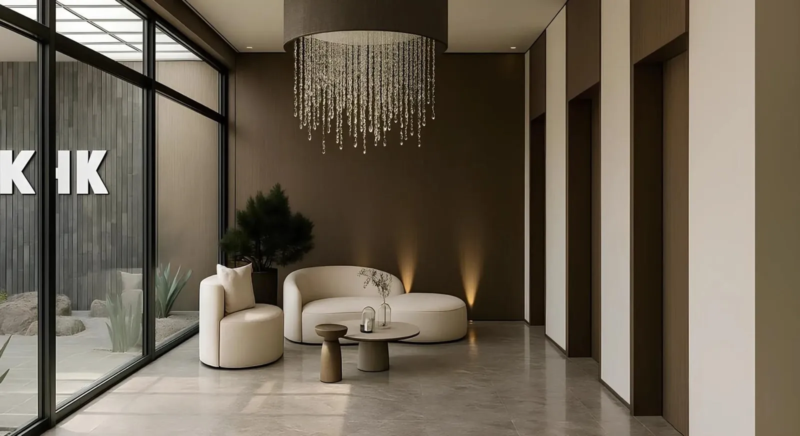 The lobby behind its glass wall, a cascading chandelier over curved armchairs and a potted tree on the stone floor