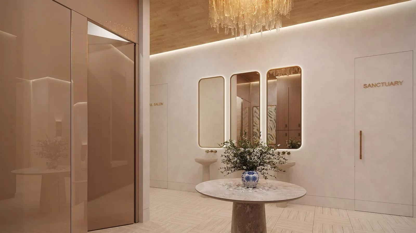 Residential corridor with a console table and fresh floral arrangement.