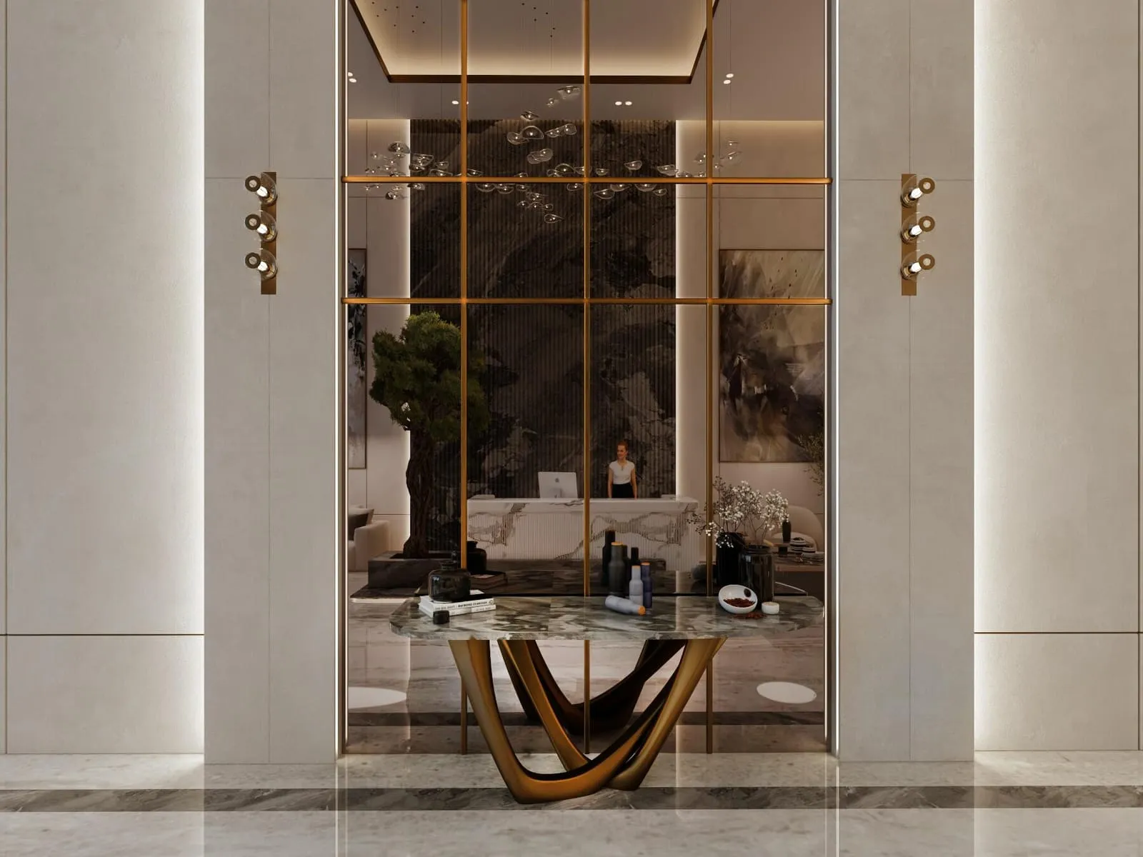 Lobby entrance with a dark stone feature wall and framed artwork