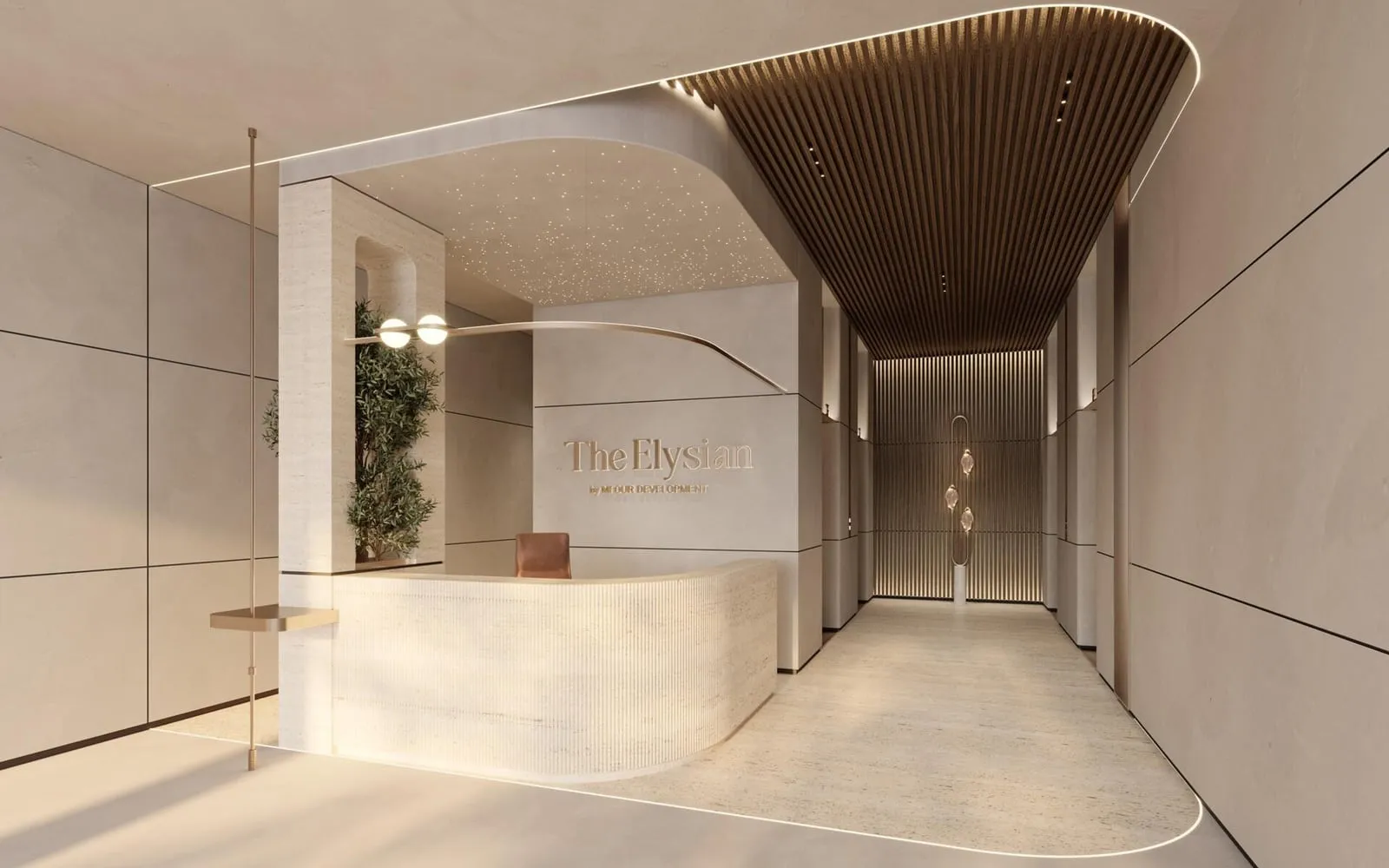 The entrance lobby, a fluted plaster funnel drawn down the ceiling above a stone-lined passage