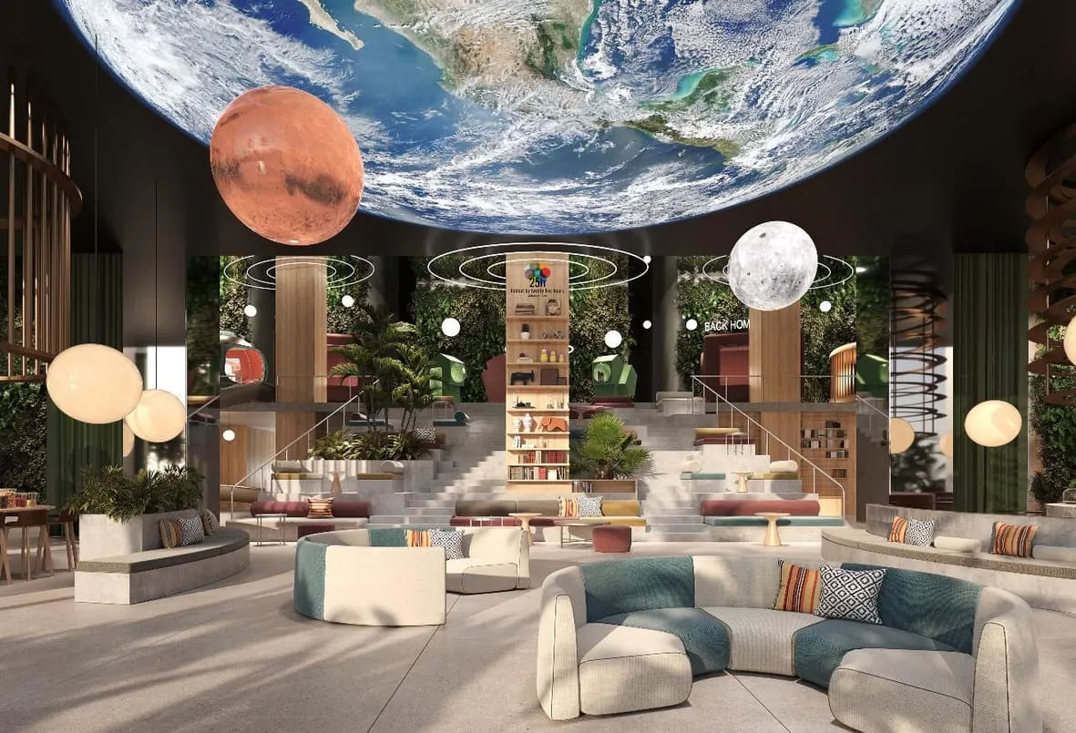 Render of a lobby lounge under a ceiling painted as the Earth, with planet-shaped lamps
