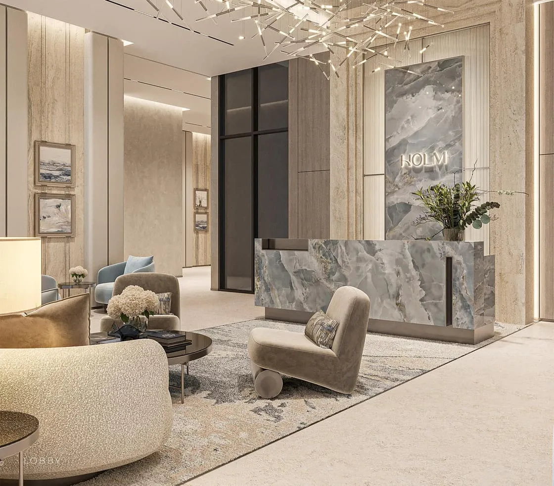Branded lobby lounge at Linea by Holm with reception desk and seating area.