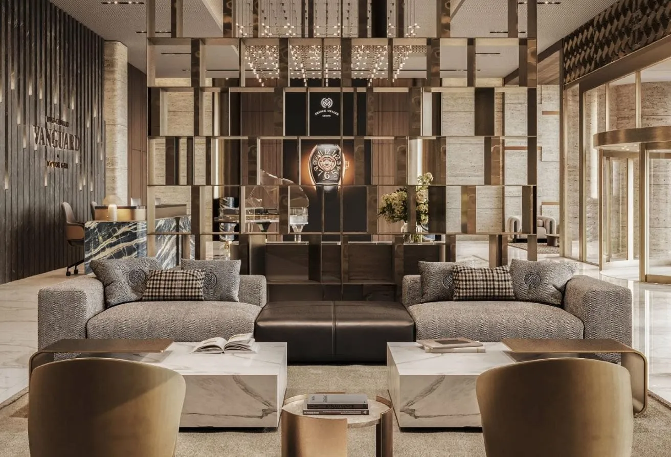 Render of the lobby lounge, with sofas in front of a wall displaying a large watch