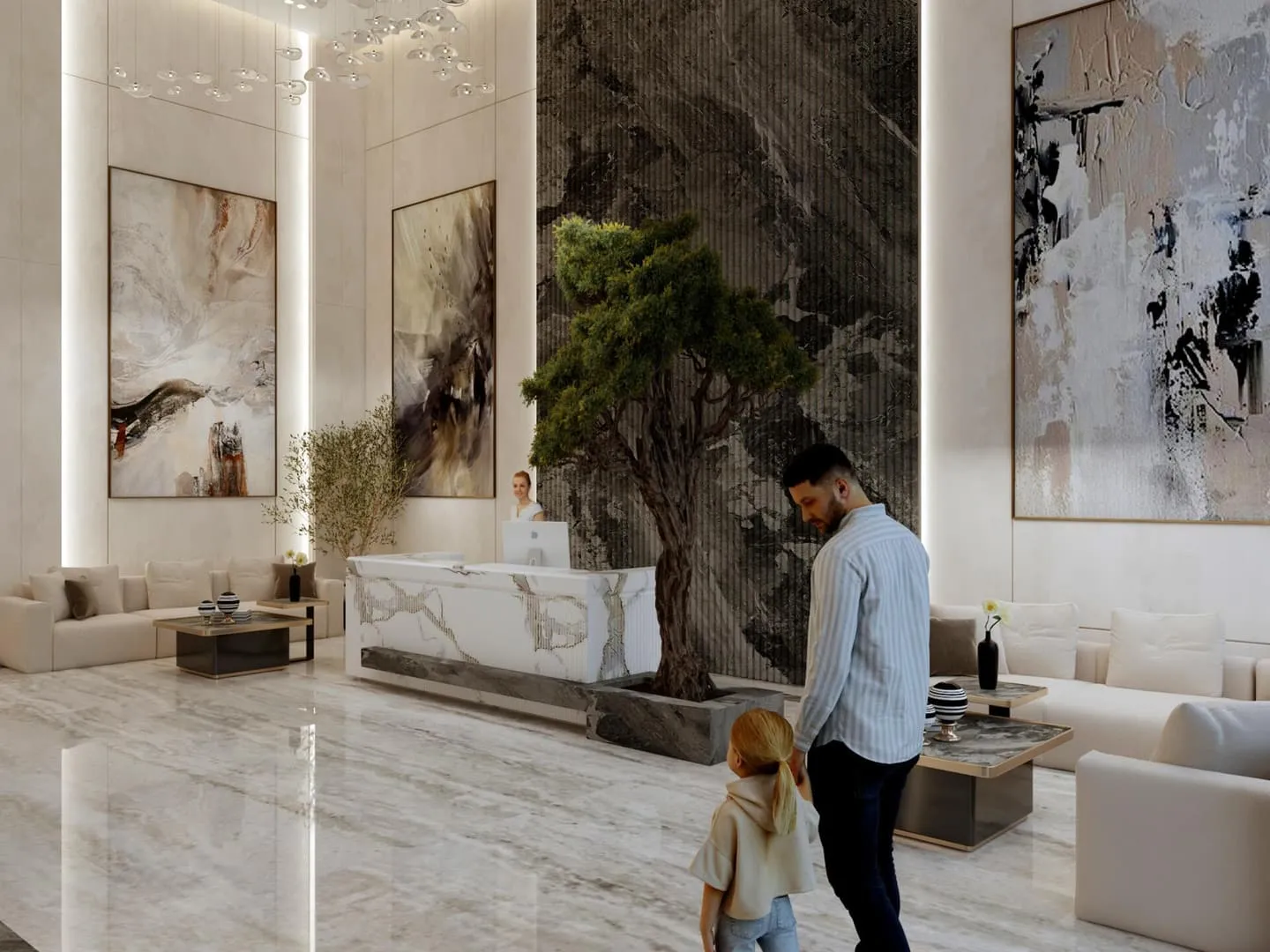 Bright lobby lounge with floor-to-ceiling windows and comfortable seating