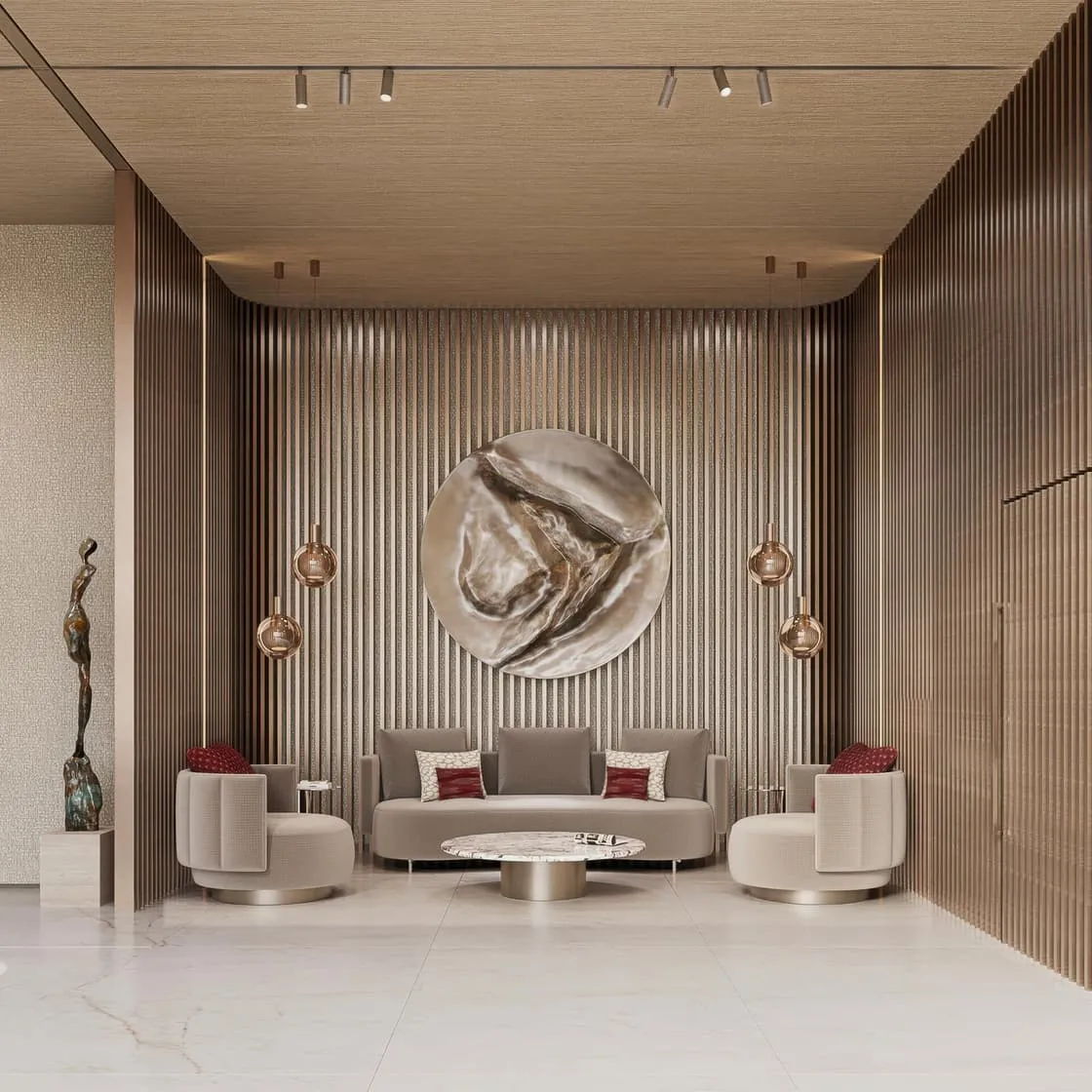 The lobby lounge with sculptural artwork and low seating around a coffee table