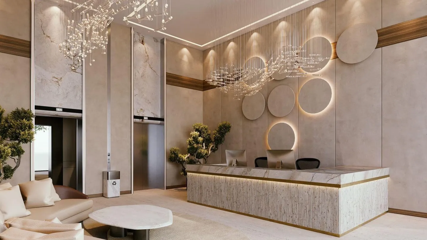 The reception desk in the lobby of a Dubai residential building