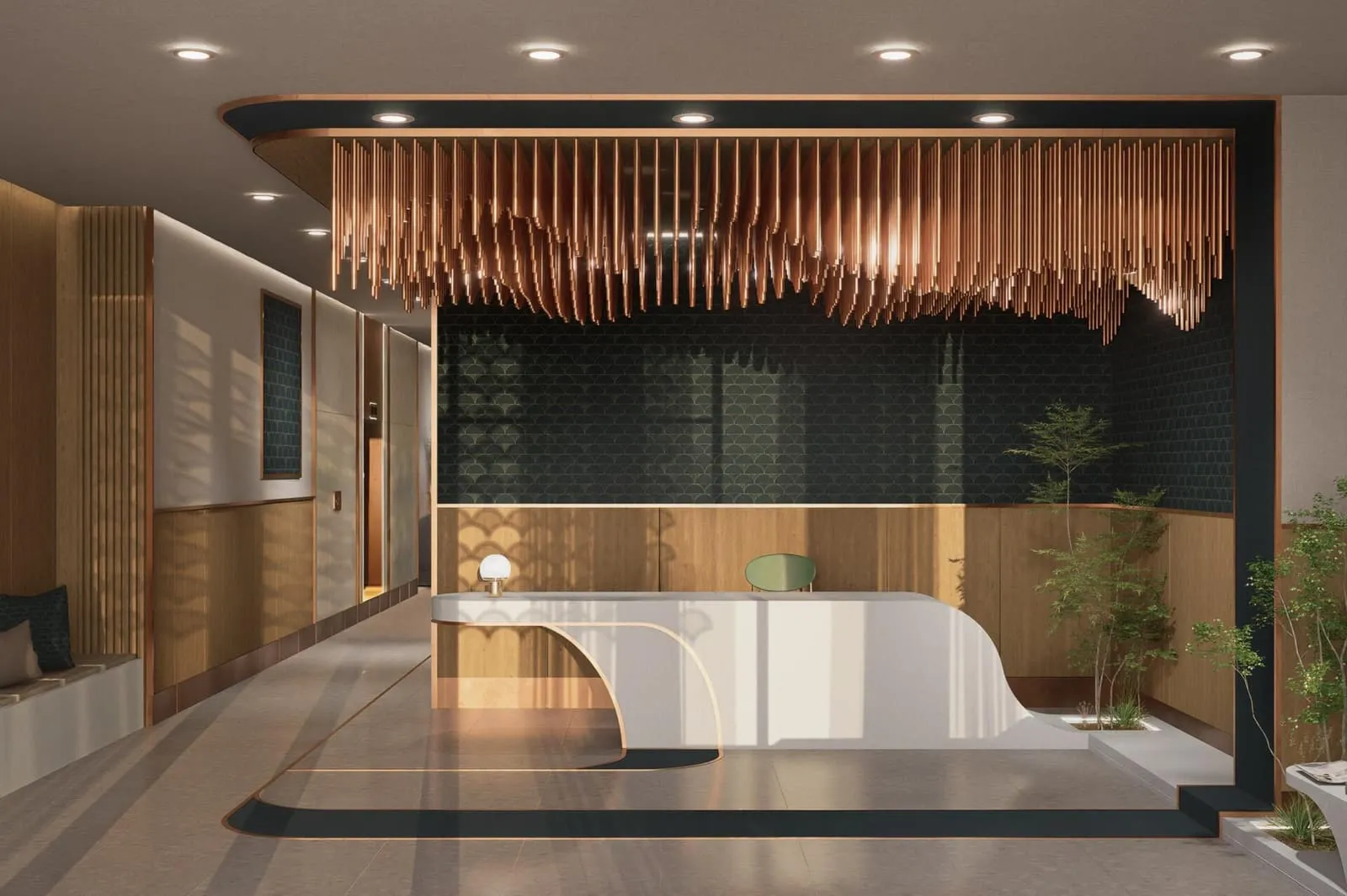 The building's lobby reception, framed by a sculptural copper-toned ceiling feature