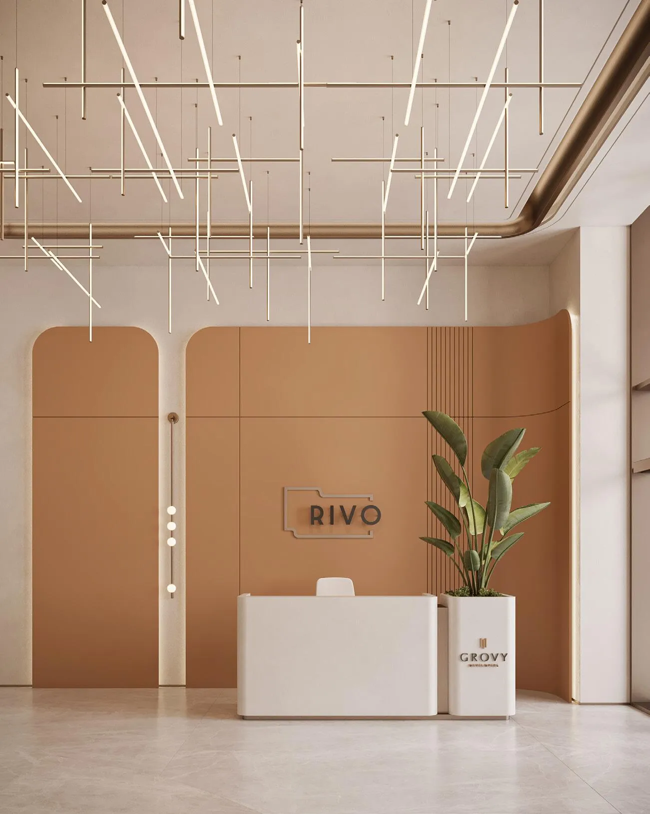 The lobby reception desk, the project's name displayed against a terracotta-panelled wall