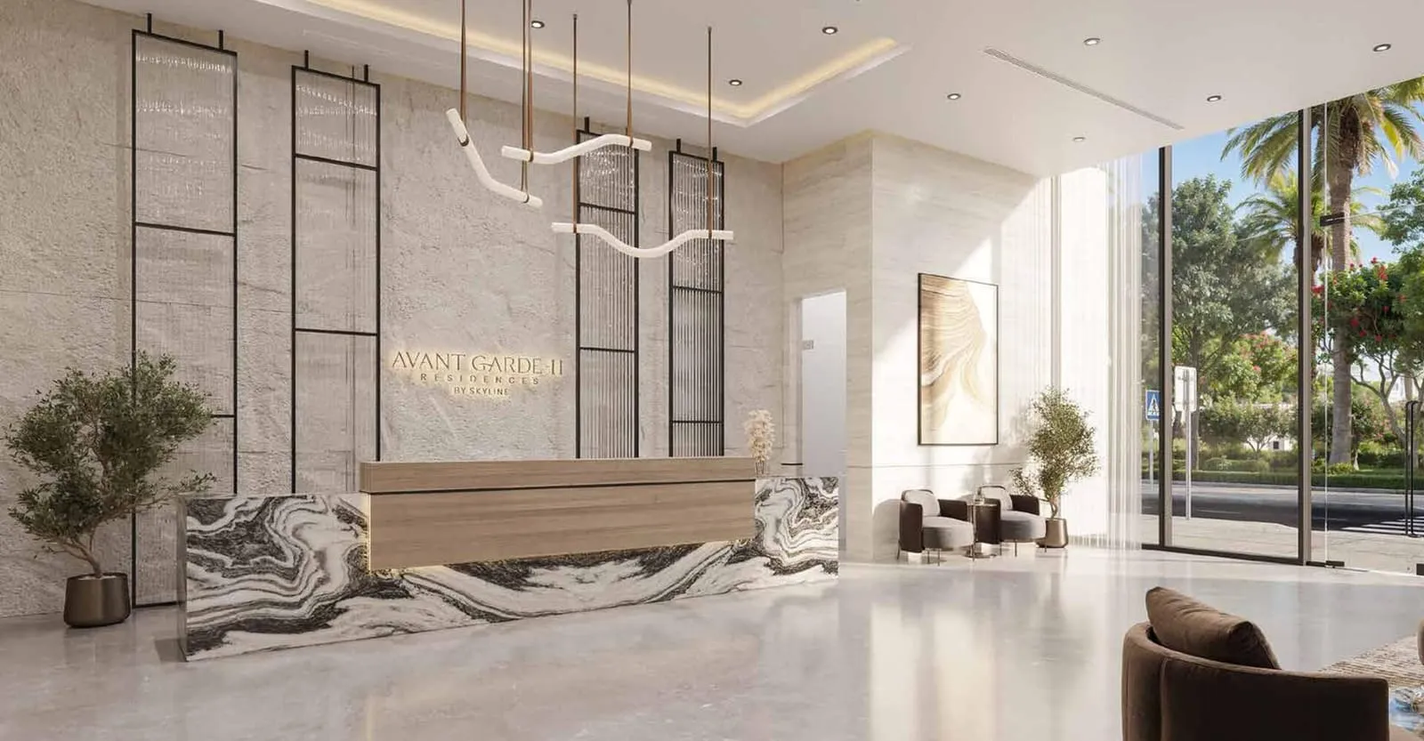 The reception desk in the lobby, a sculpted stone counter lit by pendants with palms beyond the glazing