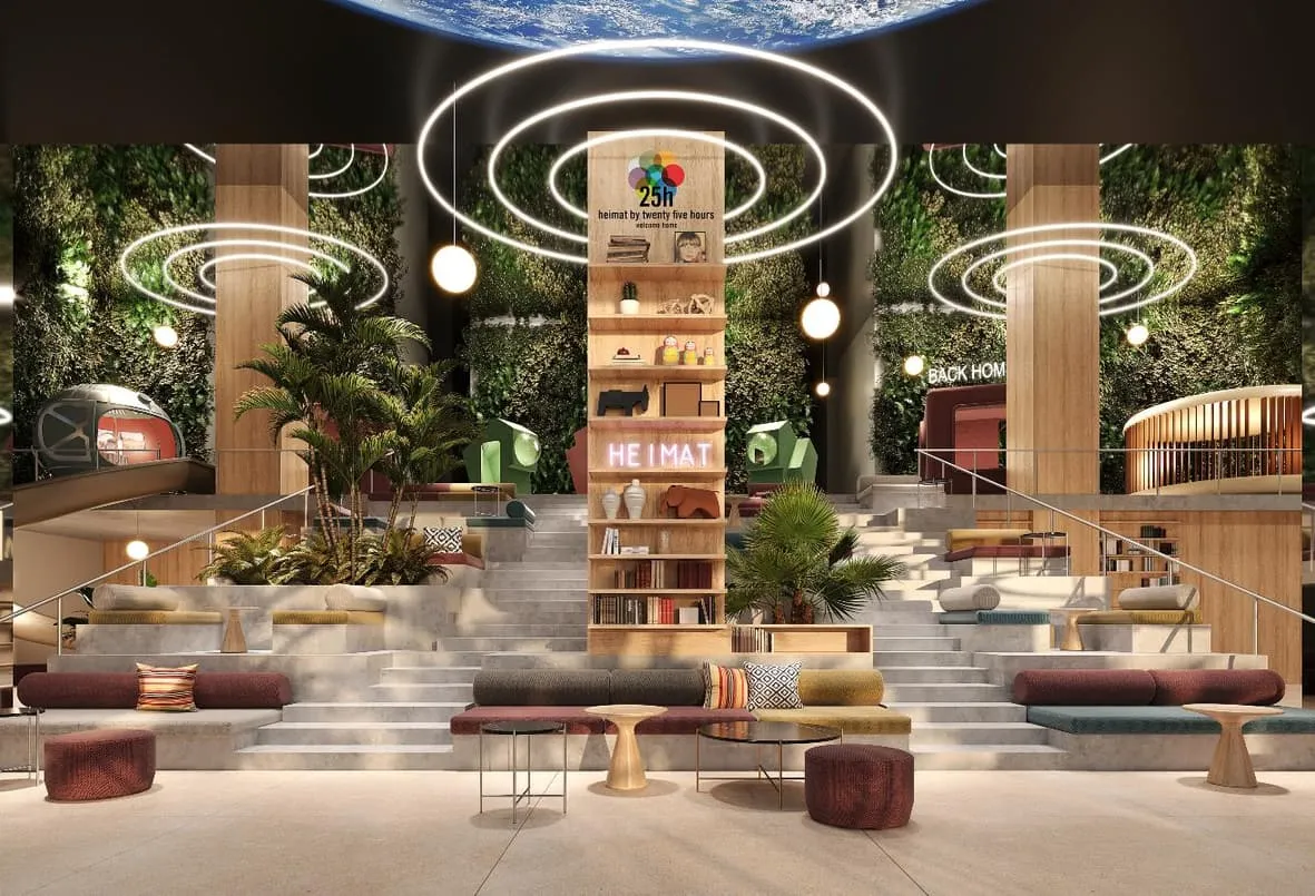 Render of a lobby with stepped seating, hanging light rings and a central bookcase