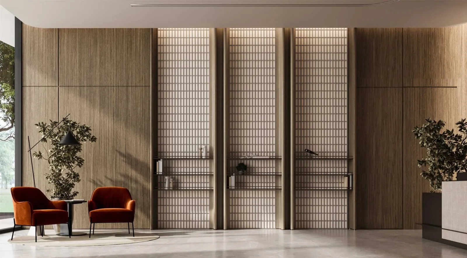 A seating corner with two rust armchairs beside tall mesh-glass doors in a timber-lined wall