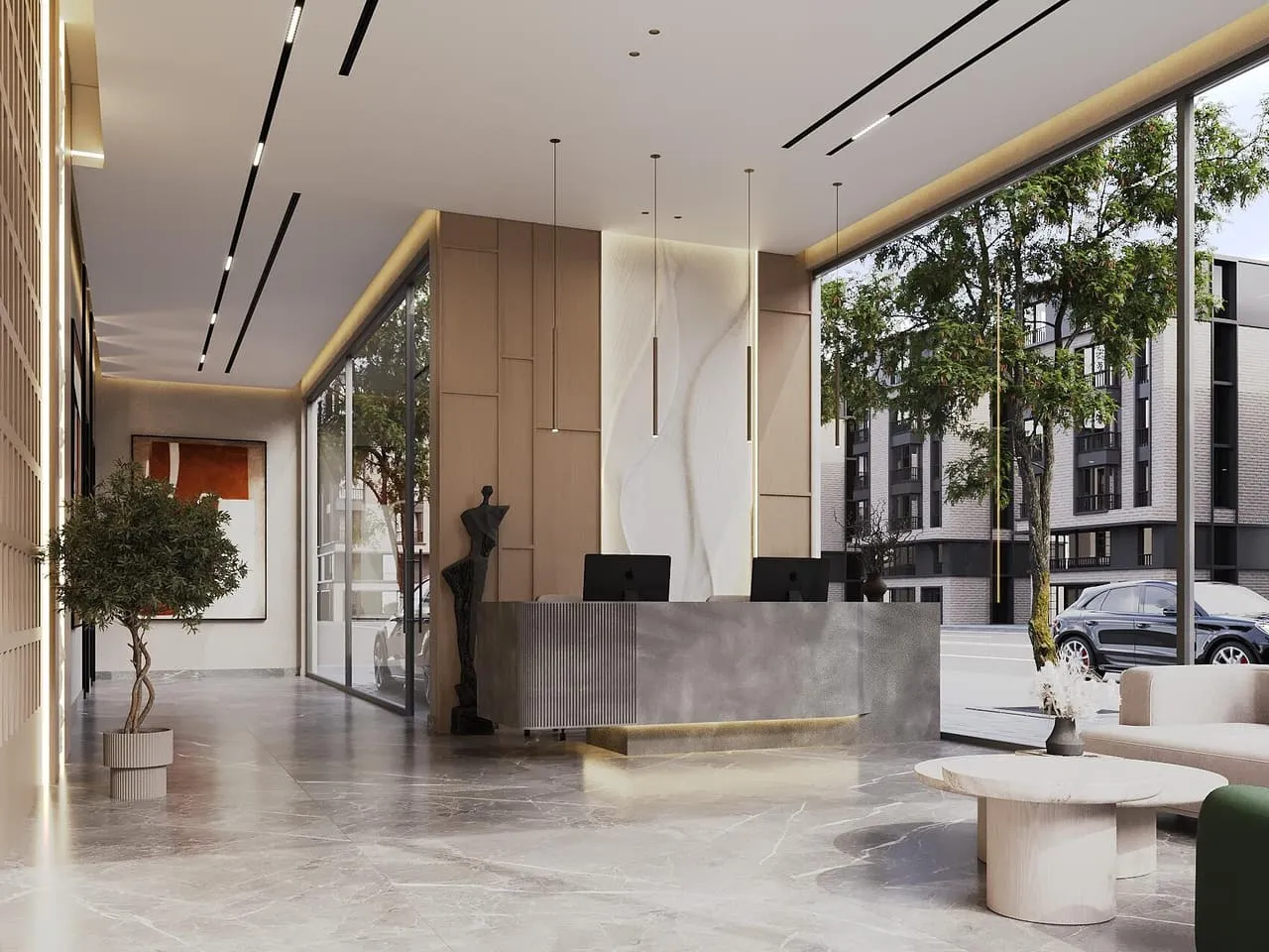The residents' lobby, low seating and planters under a slatted timber ceiling