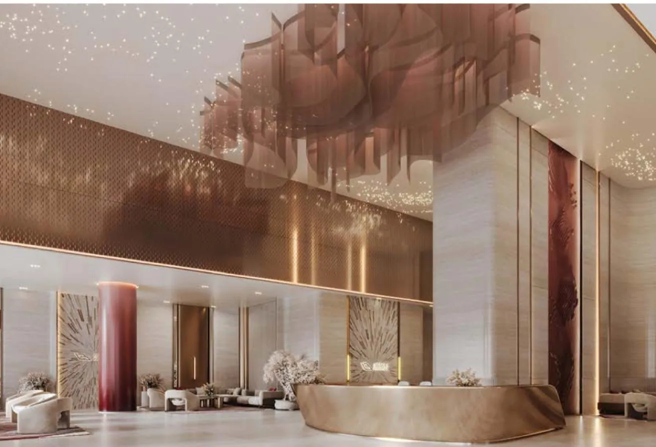 Render of the lobby, with a curved reception desk under a sculptural ceiling piece