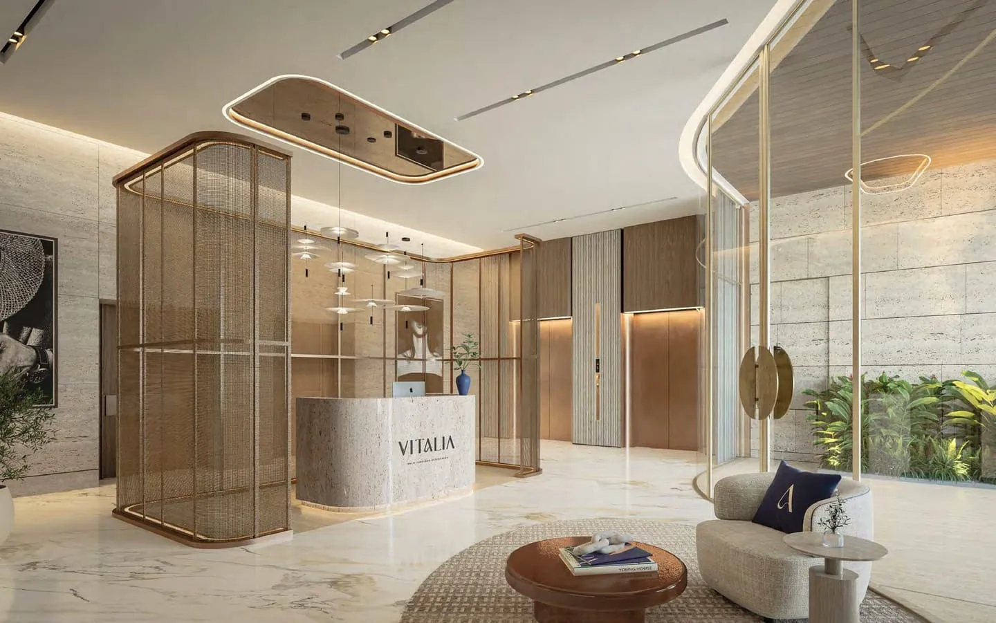 The lobby with the project name lit beside the lift doors