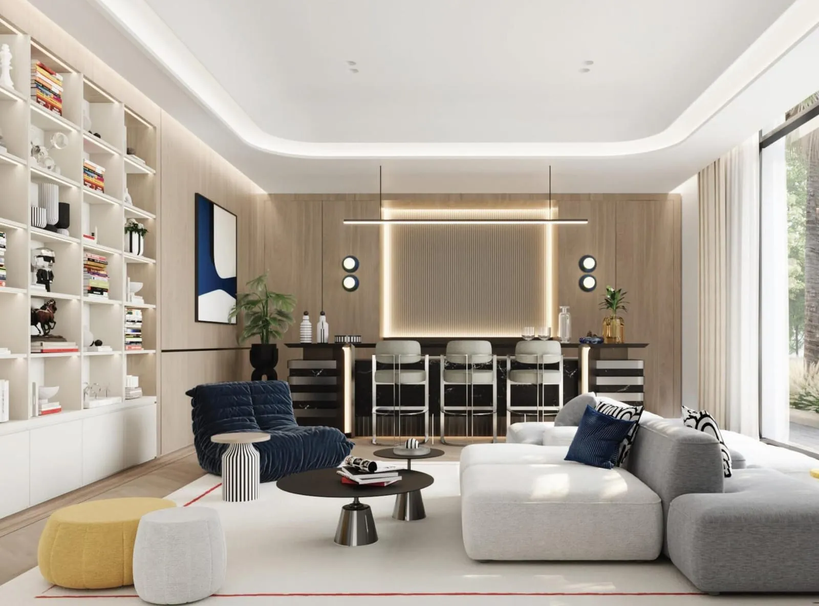 A Karl Lagerfeld lounge with a bar and shelved walls