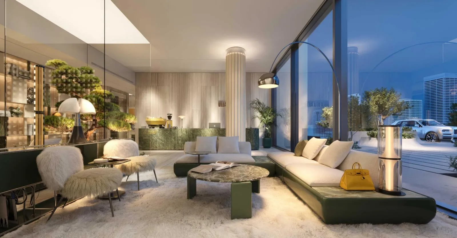 A lounge with a green upholstered sofa and shelving, the city visible through the corner glazing
