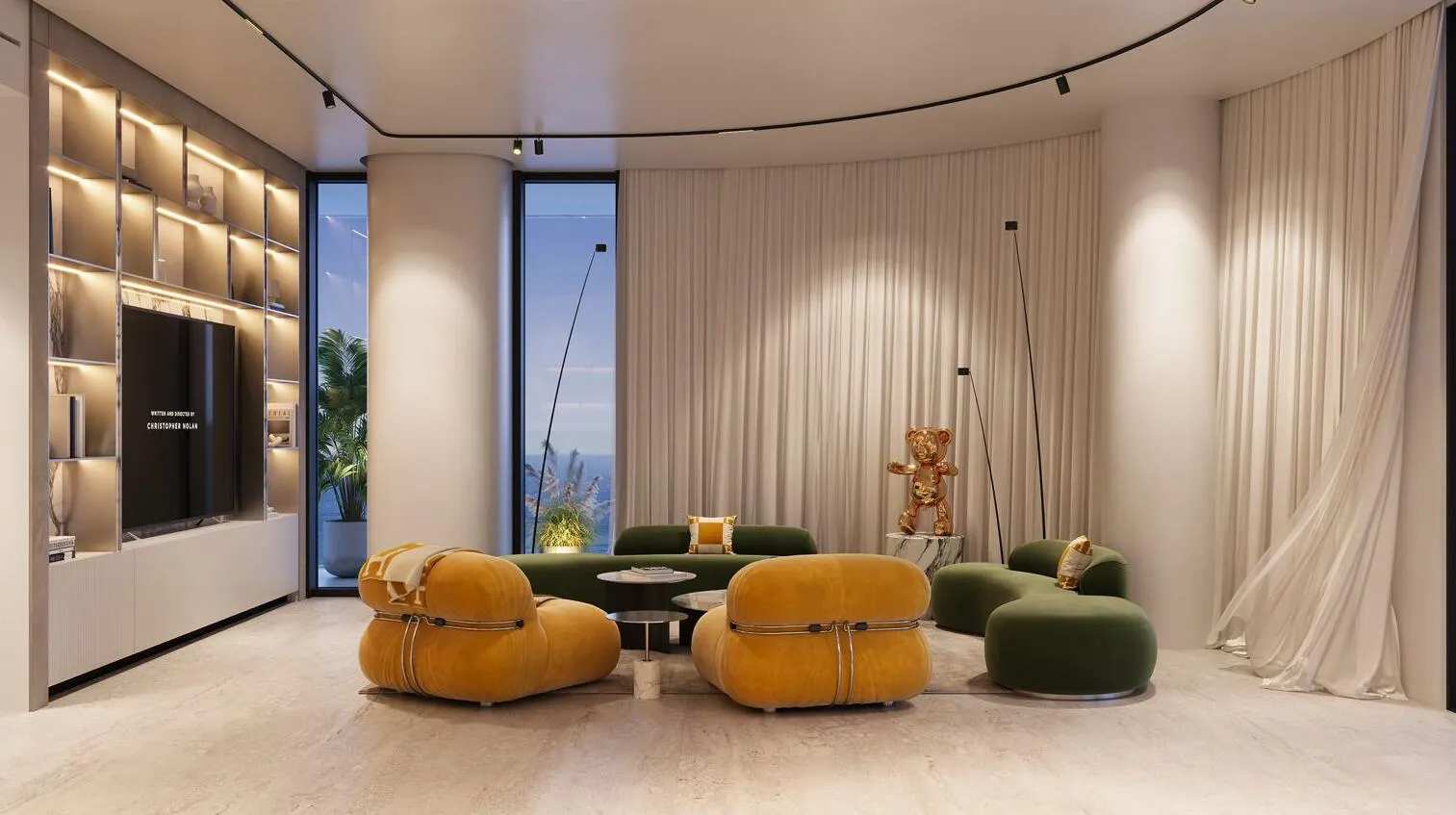 A curved lounge with a yellow modular sofa and a green one, set against backlit shelving and full-height curtains