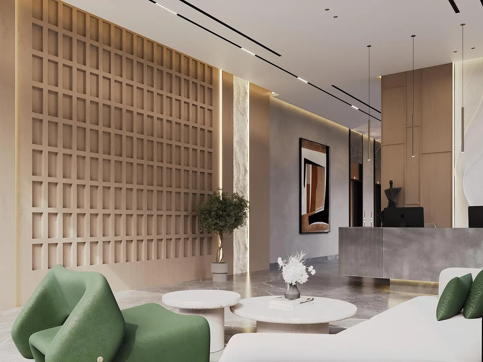 A lounge off the lobby, green armchairs against a screen of vertical timber fins