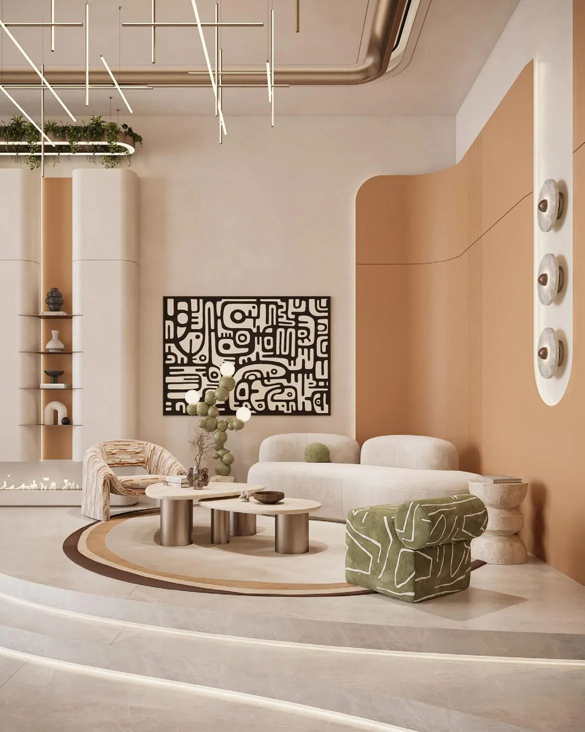An indoor lounge with a circular seating pod and framed artwork on a warm-toned wall