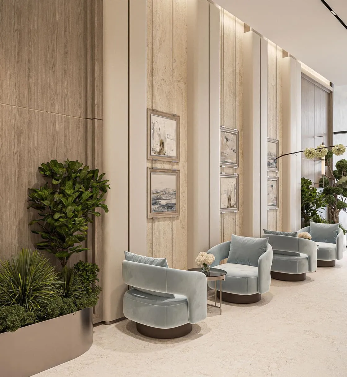 Lounge seating corridor at Linea by Holm decorated with framed artwork.