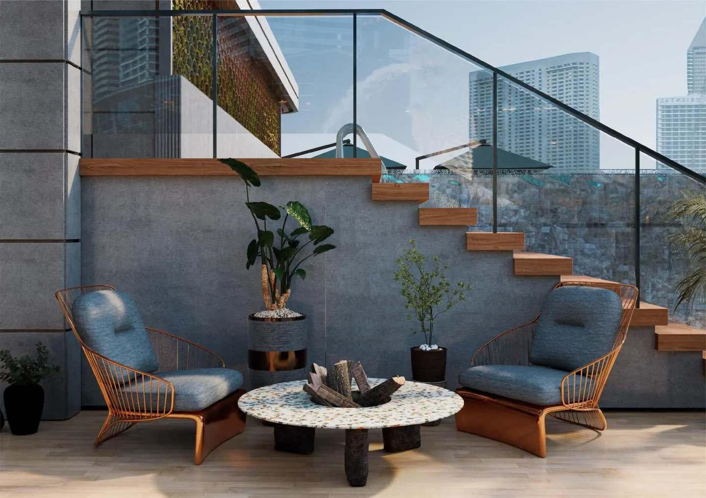 A terrace lounge with blue seating and a staircase overlooking the city skyline