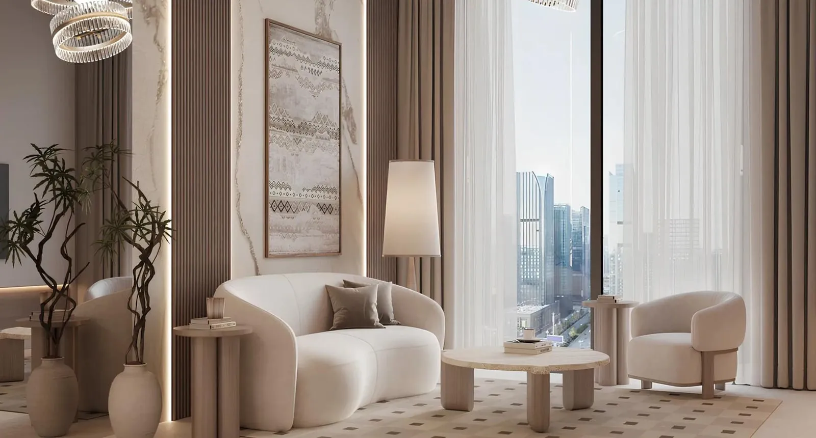 A lounge seating group, a curved sofa and floor lamp beside a full height window with the city beyond the sheers