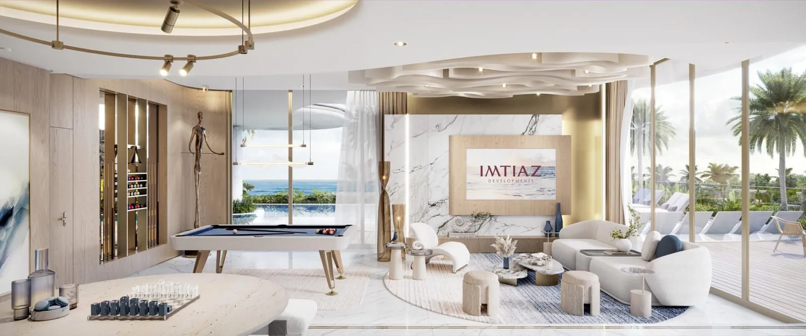 A residents lounge with the Imtiaz name on the wall, low sofas and armchairs turned towards the glazing