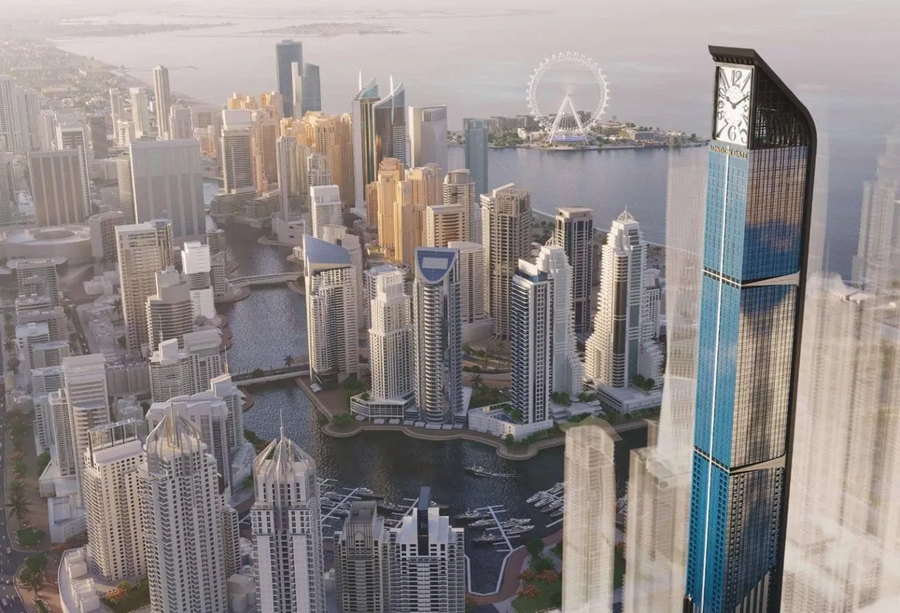 Render of Dubai Marina from above, with the tower on the right and Ain Dubai across the water