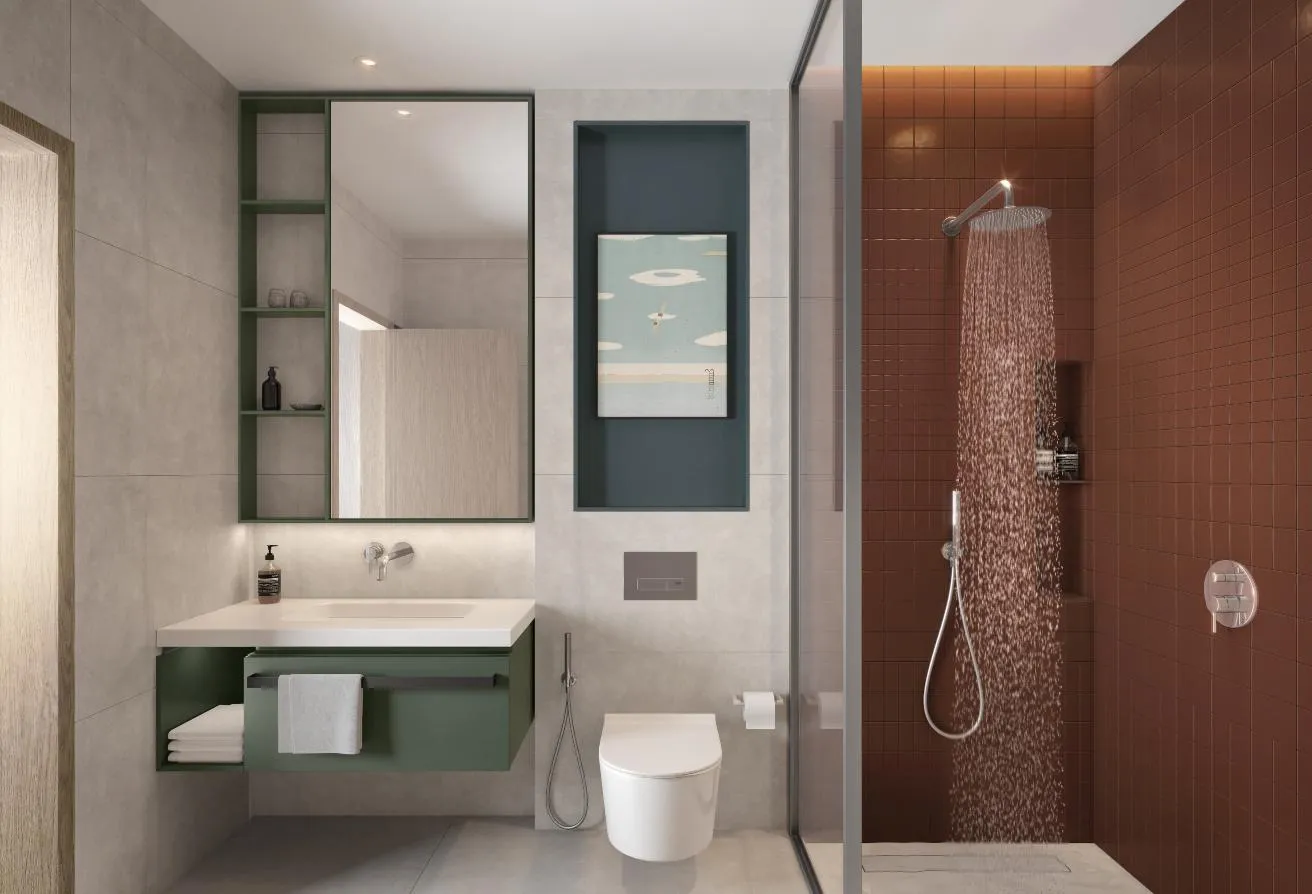 Render of the bathroom, with a wall-hung vanity and a shower tiled in terracotta
