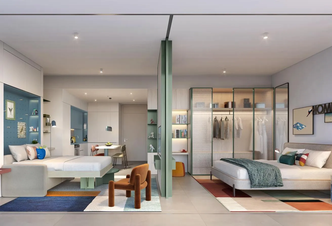 Render of the apartment in a blue scheme, the bedroom and an open wardrobe behind glass on the right