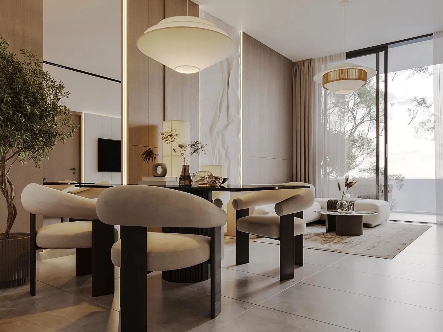 The open plan, a dark timber dining table with the kitchen run behind it