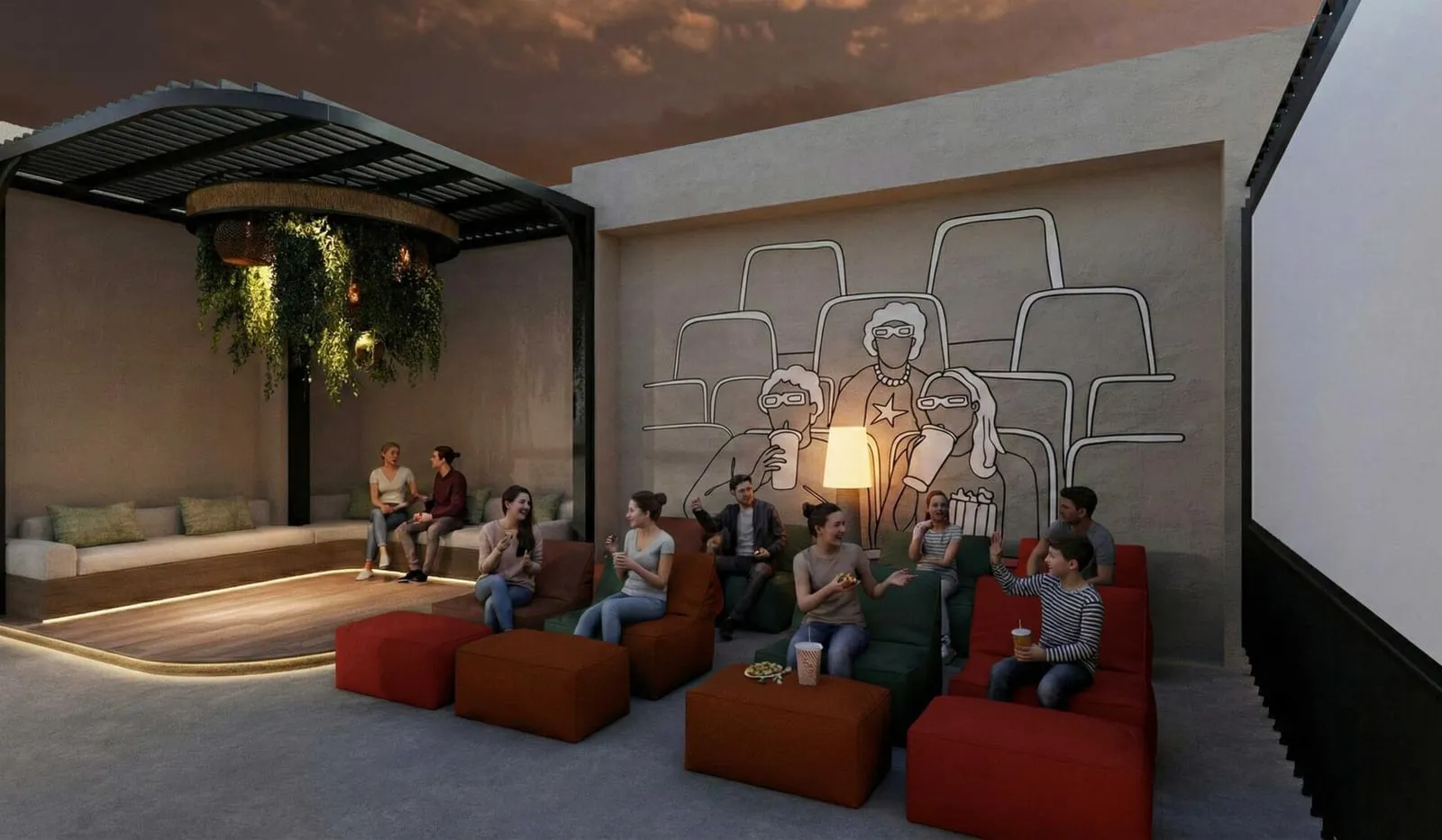 An outdoor cinema terrace under a planted pergola, modular seating facing the screen
