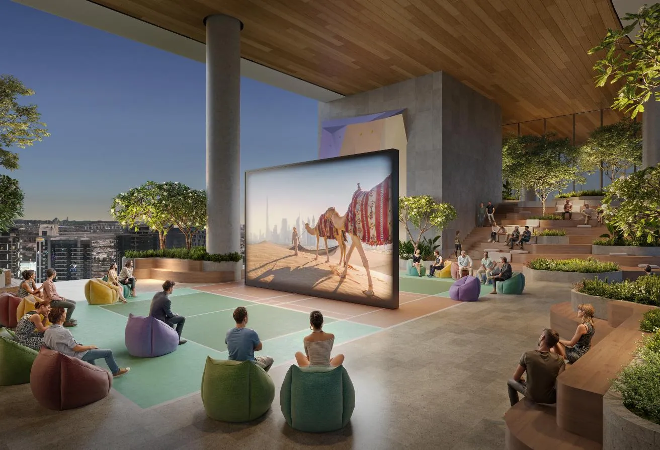 Render of a covered terrace with a large screen and beanbag seating
