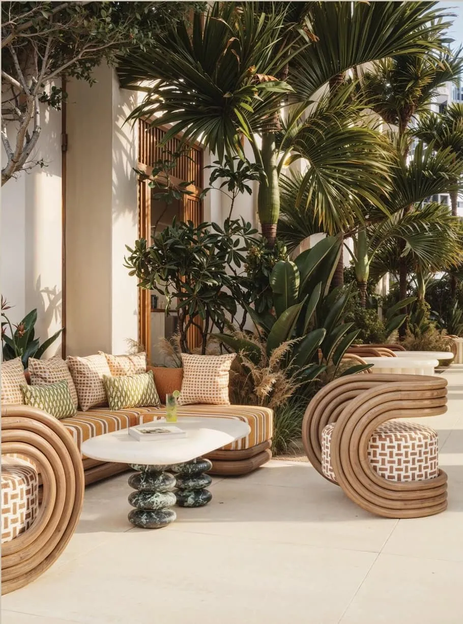 An outdoor lounge in the shade, curved rattan chairs and a low table under palms