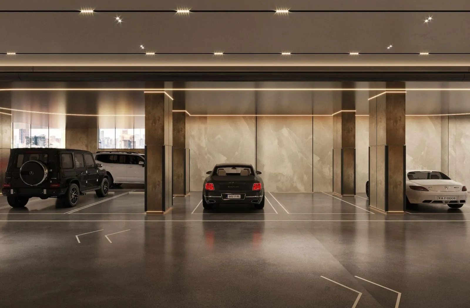 The underground parking garage, cars parked along a polished concrete floor
