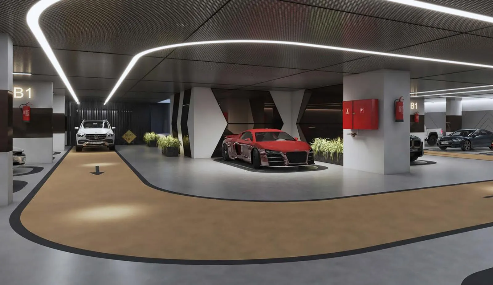 Basement parking garage with dedicated bays for residents' vehicles