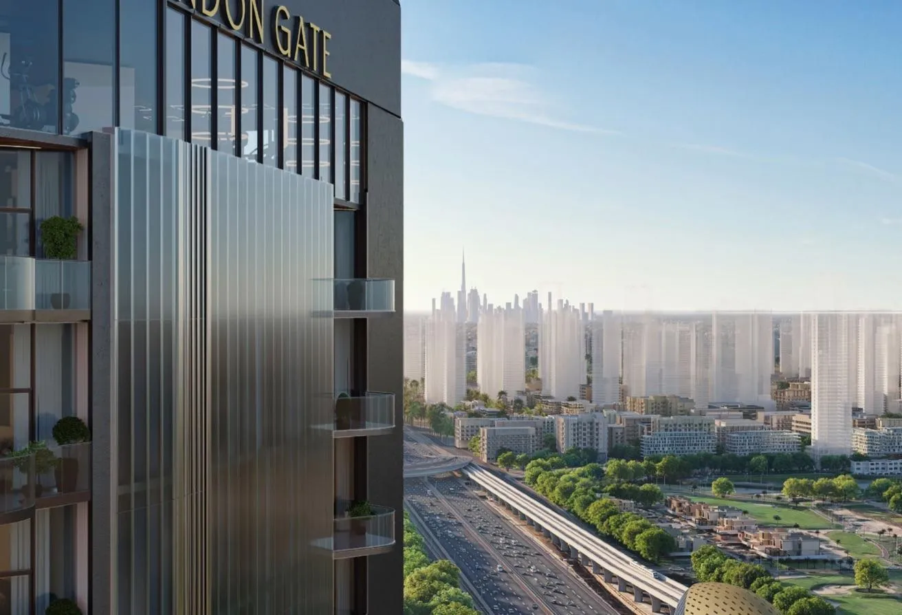 Render of the tower's side with the London Gate name, looking out over the road and the city