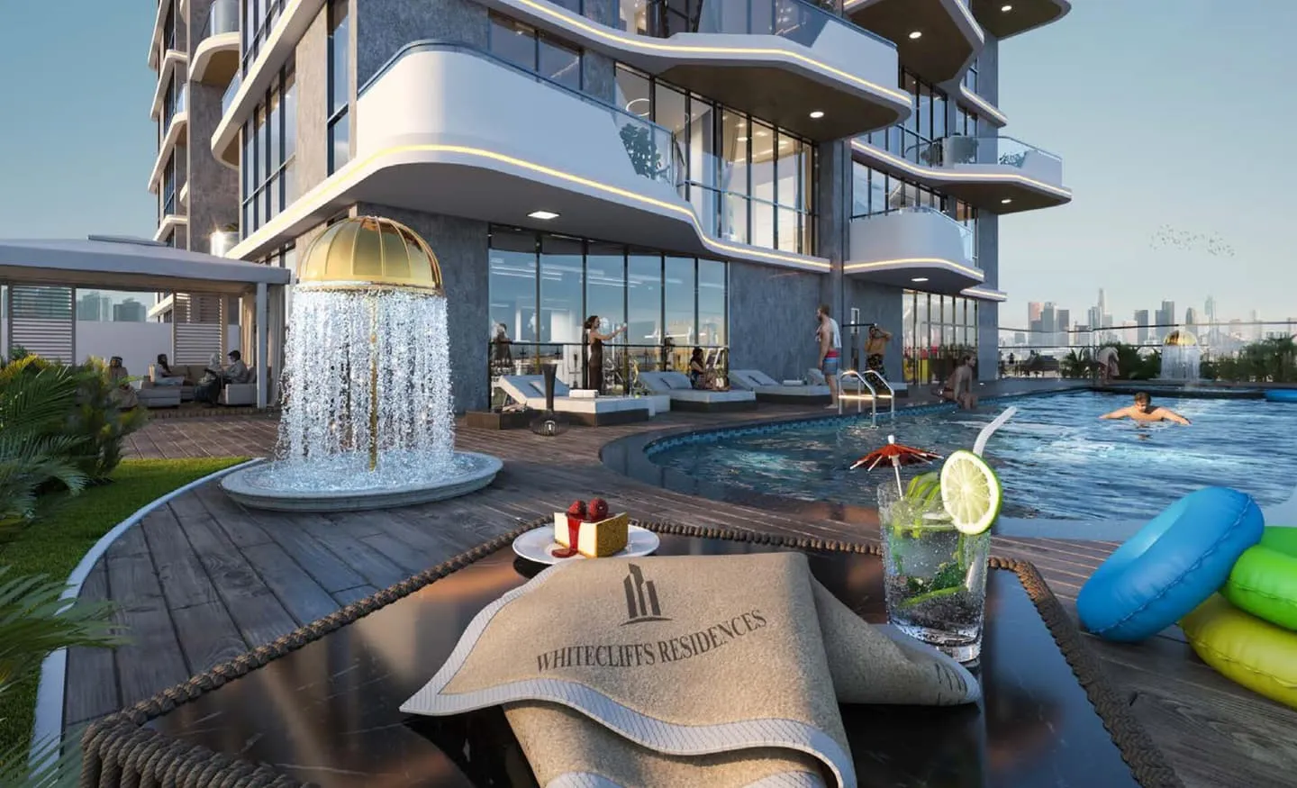 Podium-level swimming pool deck with loungers and floats, the tower rising behind it