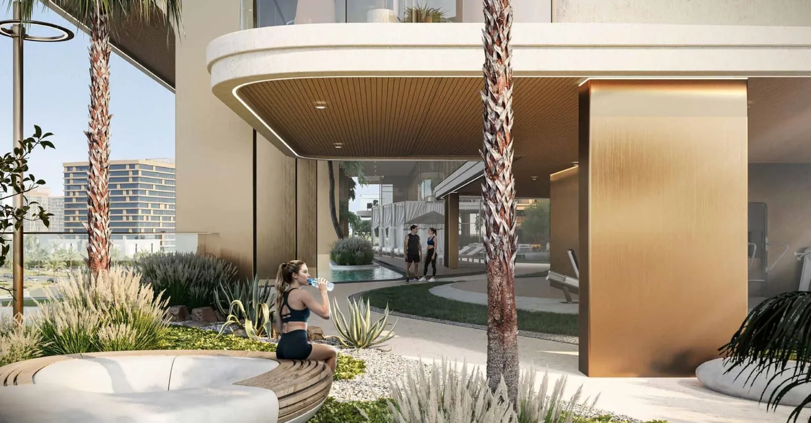 The shaded deck under the podium, a curved soffit above the palms and low seating in the shade
