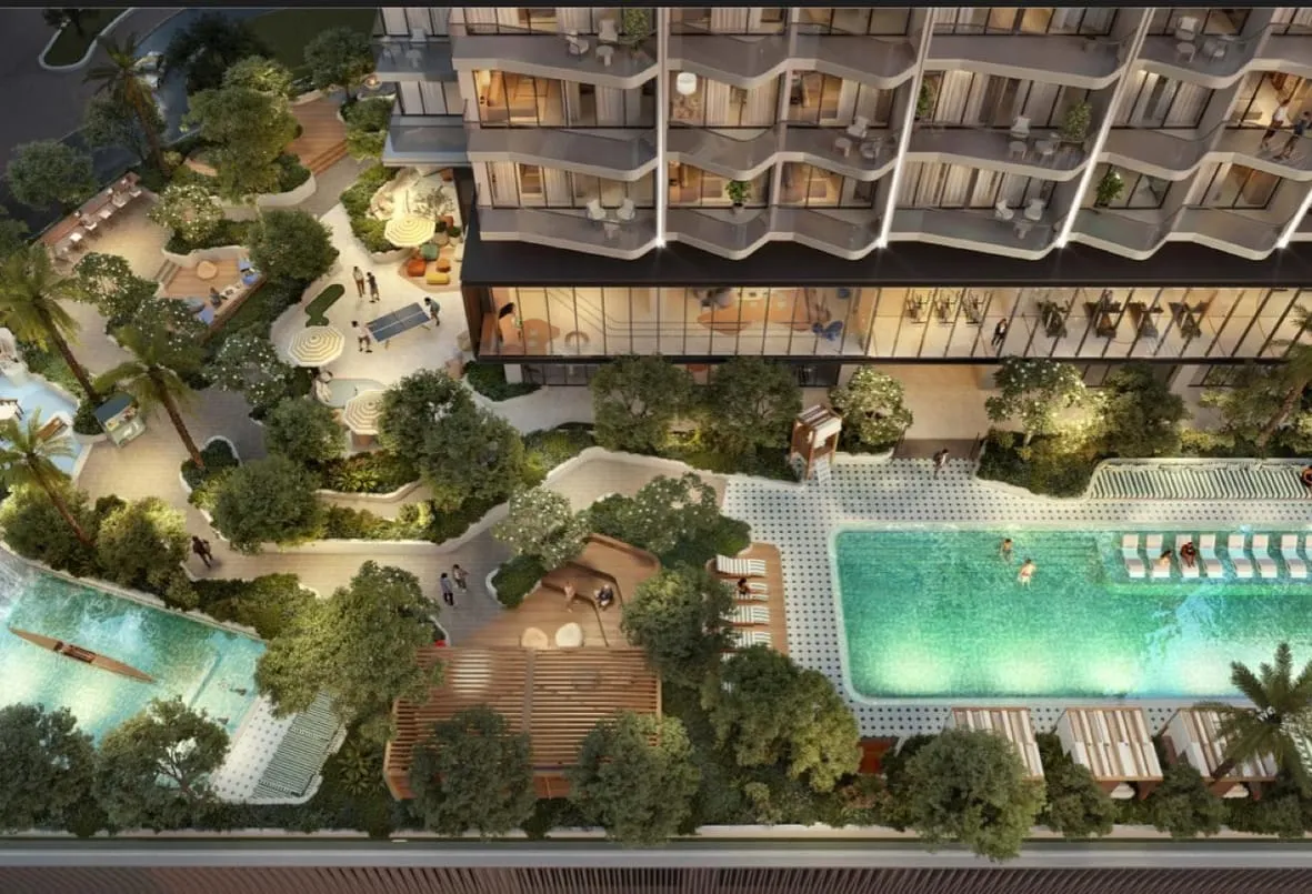 Render of the podium pool deck from above, with landscaped terraces around the pool