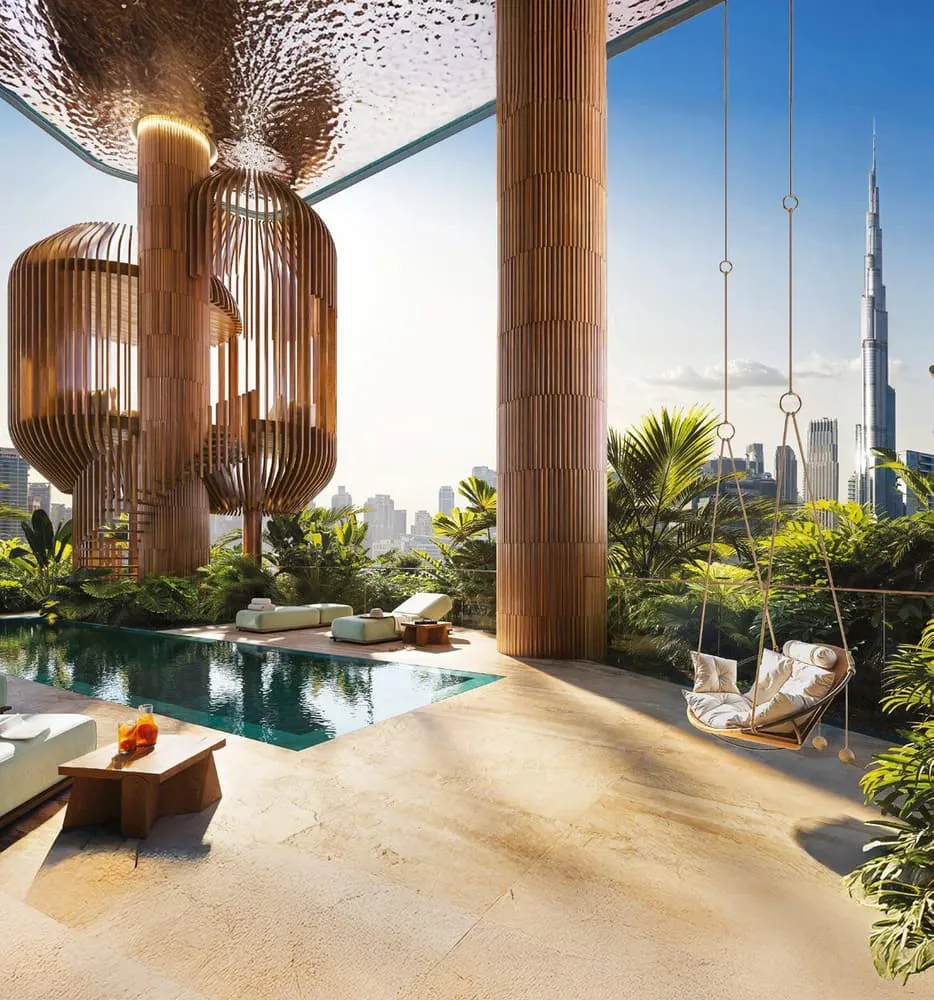 The pool deck by day, fluted timber columns and a hanging chair with the Burj Khalifa beyond