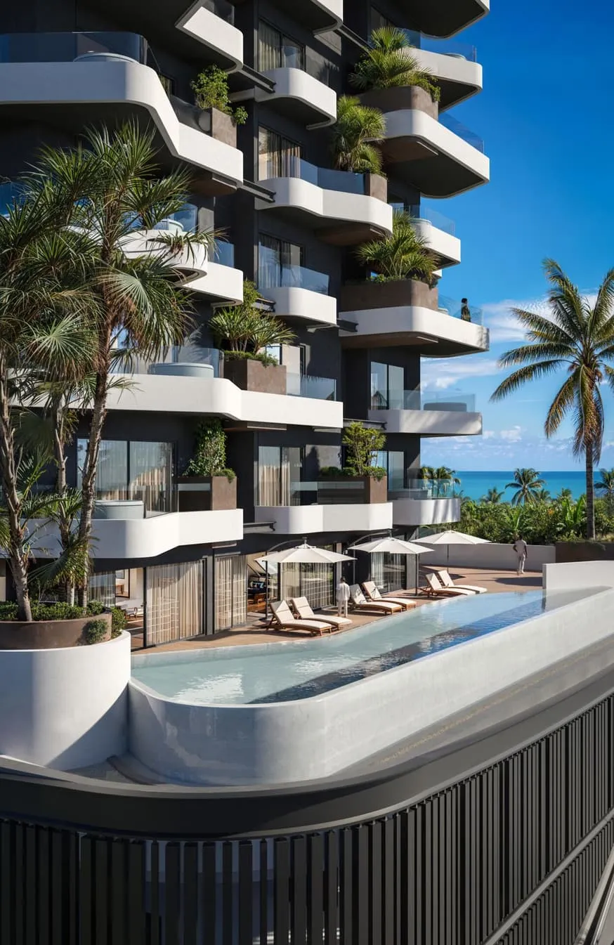 A jacuzzi on the pool deck, the sculpted balcony tower rising behind it among palm trees