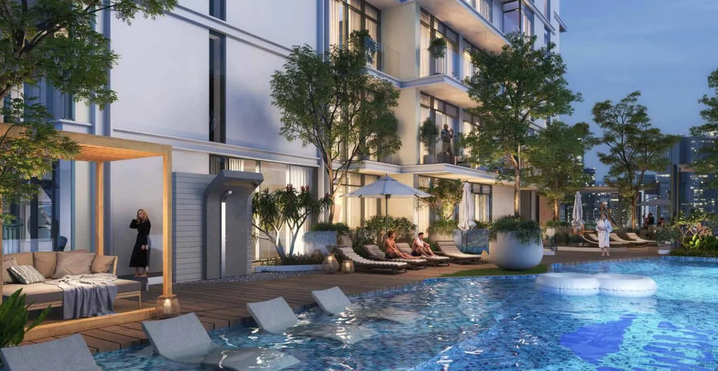 The pool deck of a completed Dubai residential building