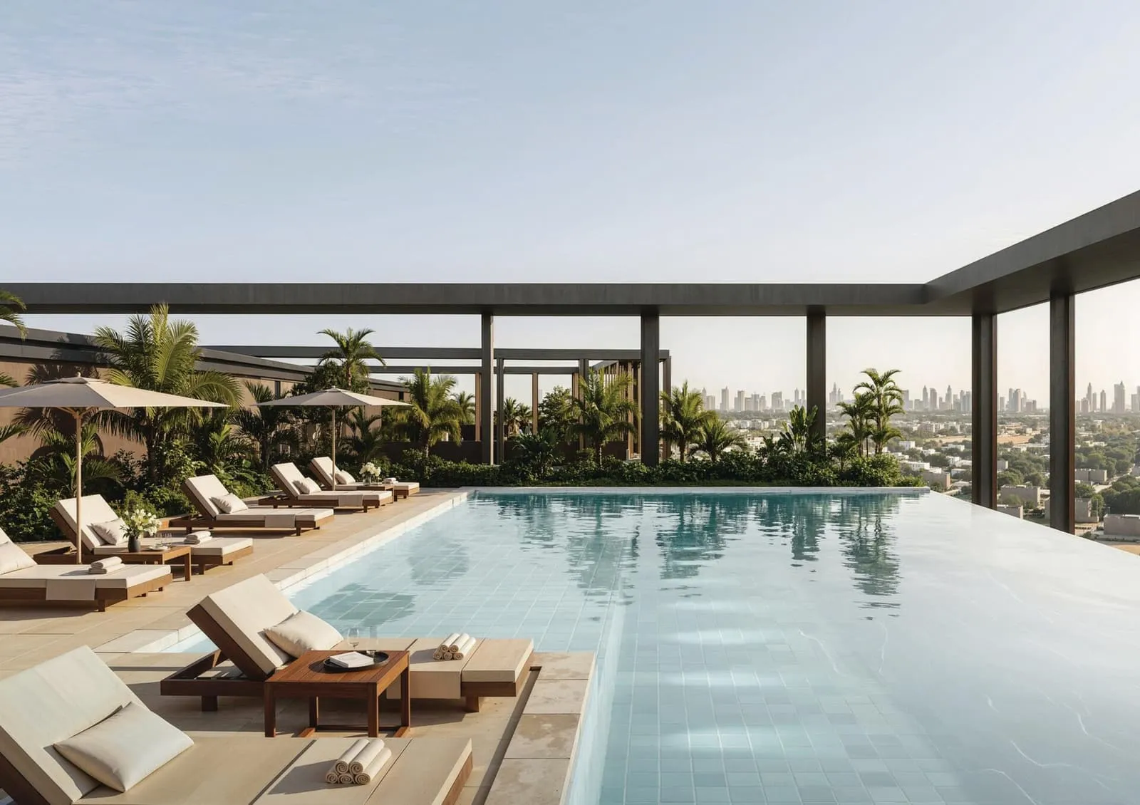 The pool from the deck, loungers and parasols along one side and a distant skyline past the frame