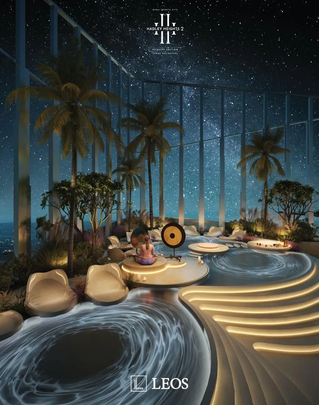 The pool at night among palms, lit steps curving into the water under a sky full of stars