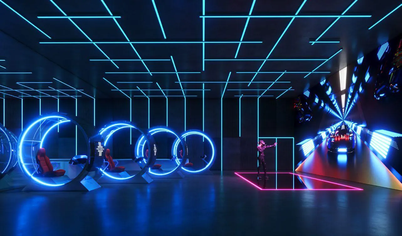 A games room of racing simulators, bucket seats mounted inside lit rings facing a projected track on the wall